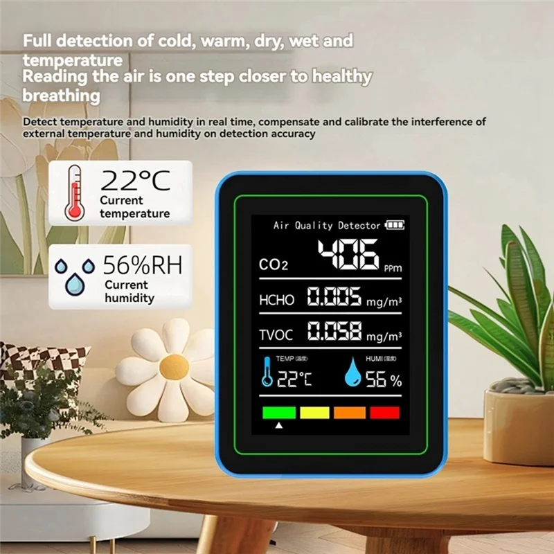 T24C 5-in-1 luchtkwaliteitsmonitor TVOC HCHO temperatuur-vochtigheid CO2-meter, USB oplaadbare CO2-detector