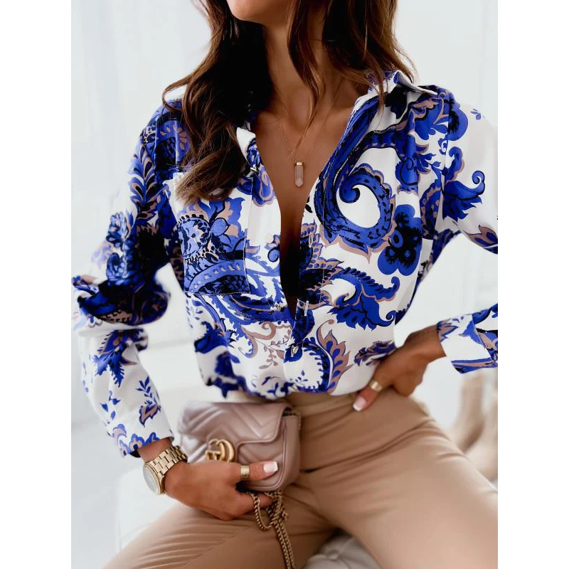 الربيع الصيف الأزهار طباعة طويلة Sve المرأة irt 2023 جديد Sle البوليستر مطاطا الألياف عبر الحدود Faion بلوزة للسيدات