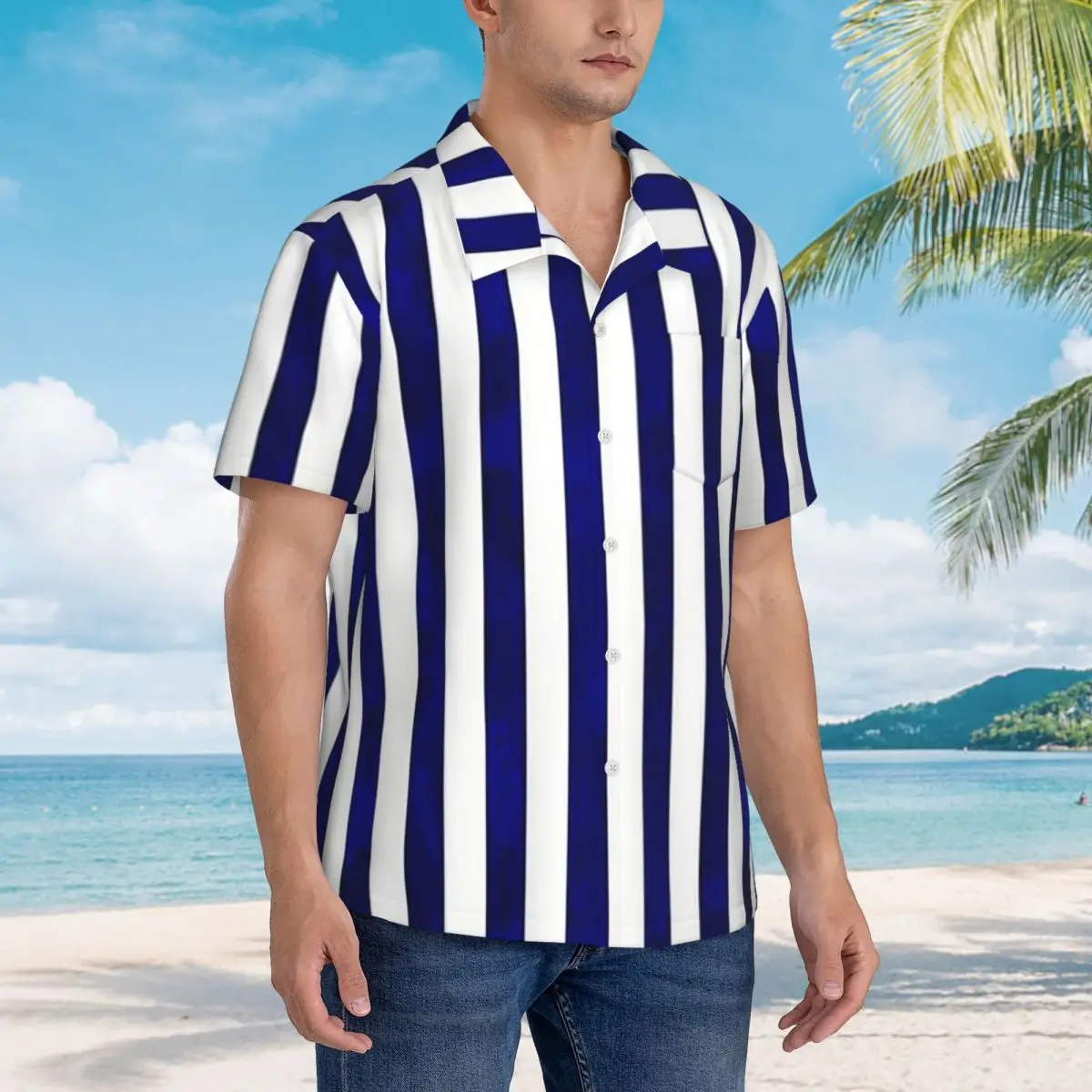 

Classic Stripes Navy Blue And White Hawaiian Shirts Casual Men Short Sleeve Shirt for Summer Beach Men's Lapel Tops