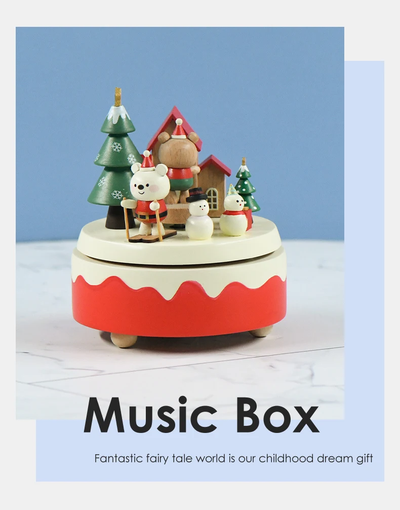 Red and White Christmas Atmosphere Wooden Rotating Music Box Holiday Gifts