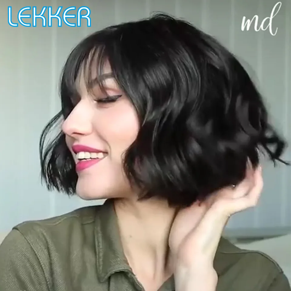 Lekker Short Pixie Deep Wavy Bob 100% Human Hair Wigs With Bangs For Women Brazilian Remy Hair Colored Full Machine Made Wigs