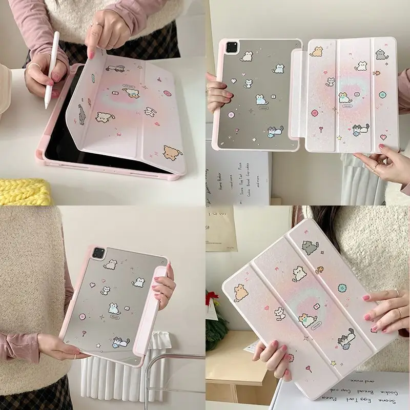 Cute Pink Pixel Cat For Mirror iPad Case 11th A16 10 9 8 7 5 Pro 13 11 M5 M4 M3 M2 12.9'' Air 4 3 2 1 Mini 7 6 8.3'' Cover