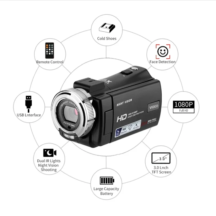 Good Quality V12 3 inch Rotatable LCD Screen 1080P HD Video Recording Camera 20MP 16X Digital Zoom Camcorder with Microphone