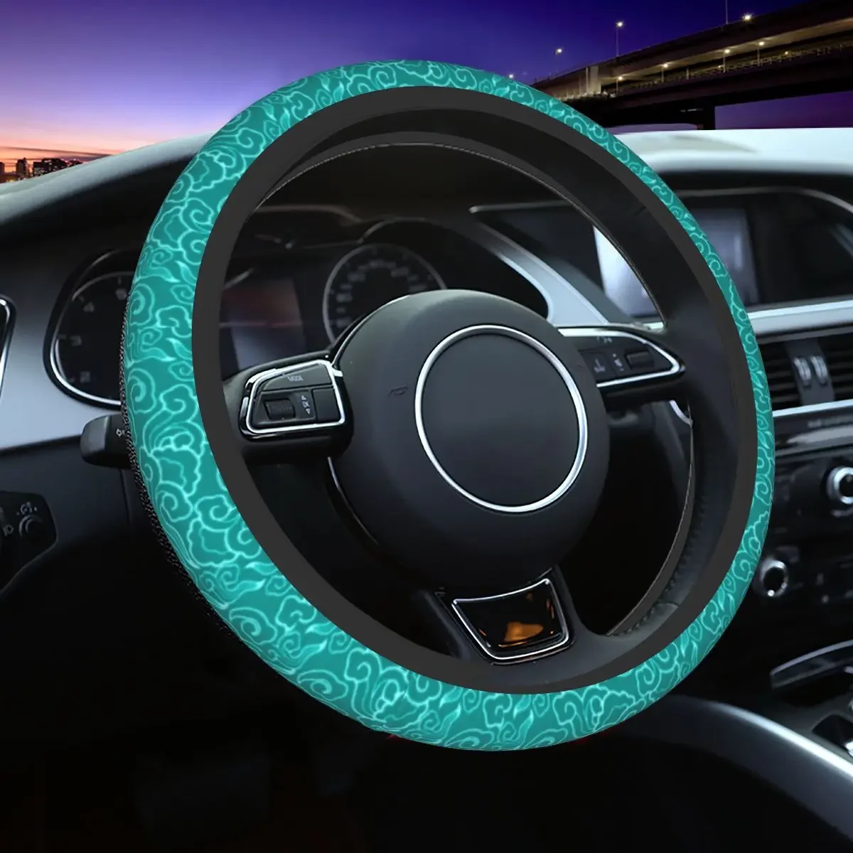 Japanese Clouds Steering Wheel Cover Turquoise And Aqua Cloud Steering Wheel Protector Universal Fit 37-38cm Car Accessories