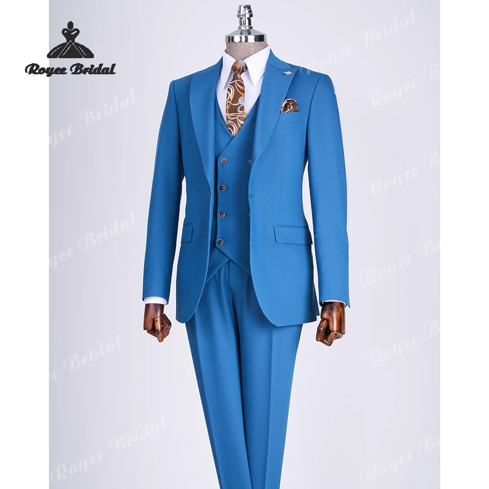 ブルーの3ピースメンズスーツ 結婚式2026 シングルブレストピークドラペル イブニングビジネススーツ カスタムメイド 男性用スーツ
