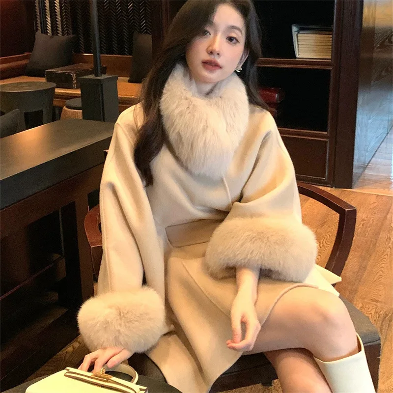 Temperament cloak, high-end woolen coat, women's fox fur collar, 24 autumn/winter new double-sided cashmere coat, medium to long