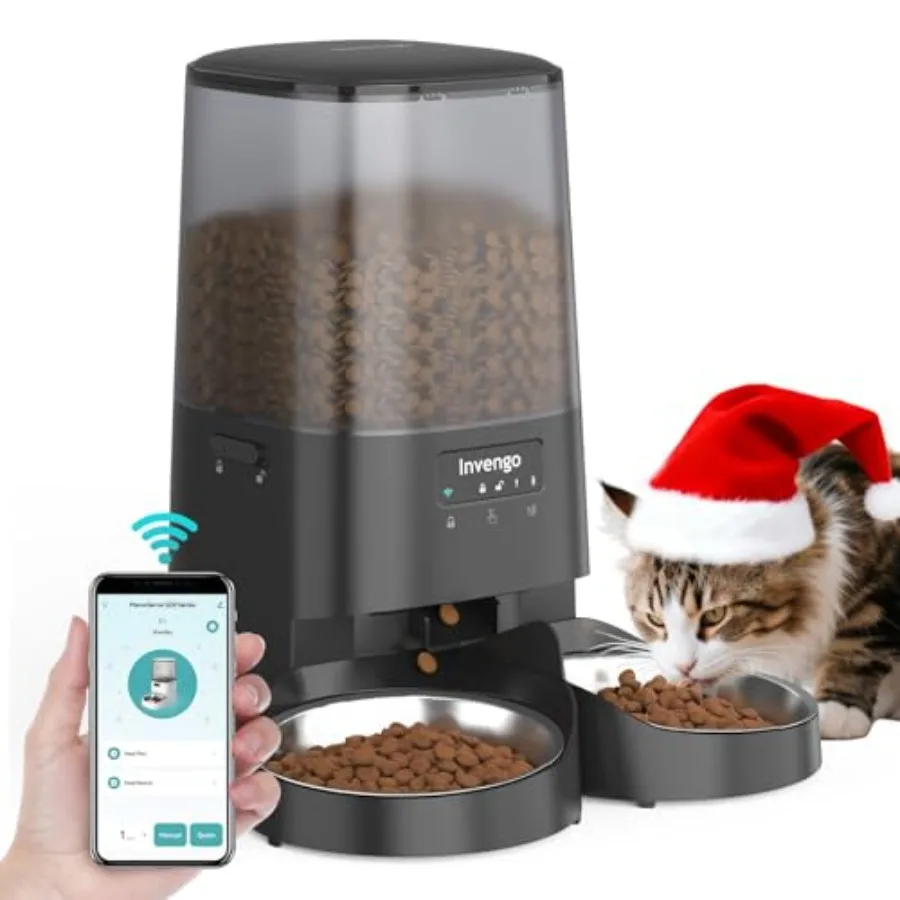 

Автоматическая кормушка для кошек с управлением через приложение, дозатор корма на 5 л для 2 кошек, Wi-Fi 2.4/5G, двойное питание, программируемые порции, защита от застревания и разбрасывания корма