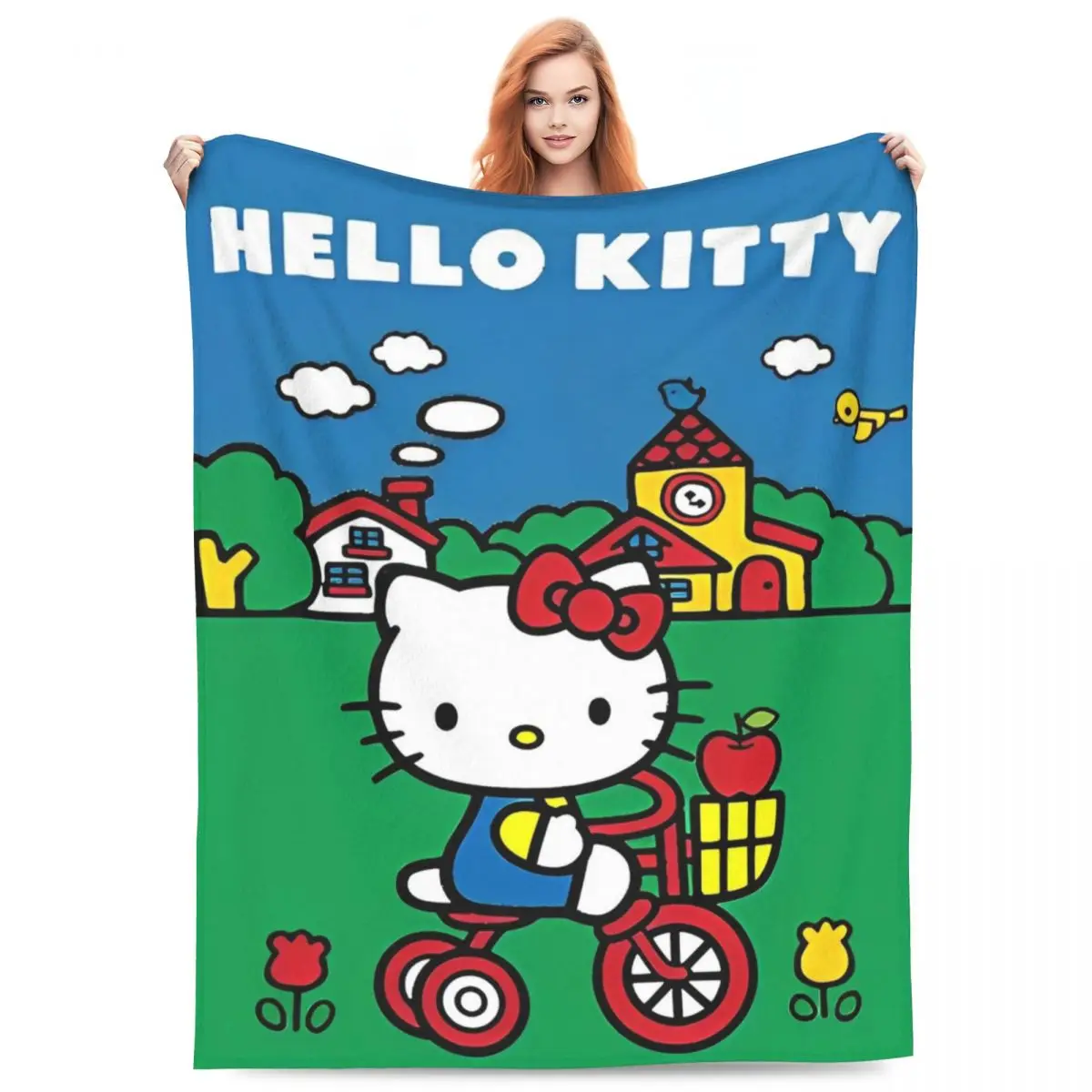 Hello Kitty Riding A Bicycle Soft Warm Blanket Camping Plush Throw Blanket Aesthetic Home Decor Flannel Bedspread Sofa Bed Cover