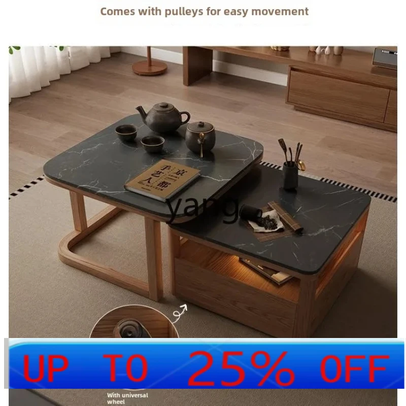 

LH solid wood telescopic square coffee table combination living room small apartment modern simple tea table rock slab