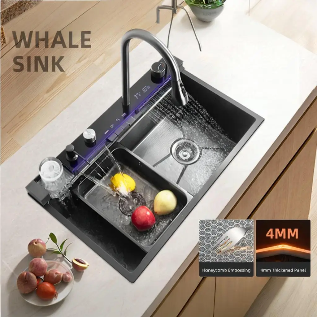 

Smart Sink Kitchen Stainless Steel Sink Kitchen Single Slot Multifunction LED Digital Display Waterfall Kitchen Sink Cup Washer