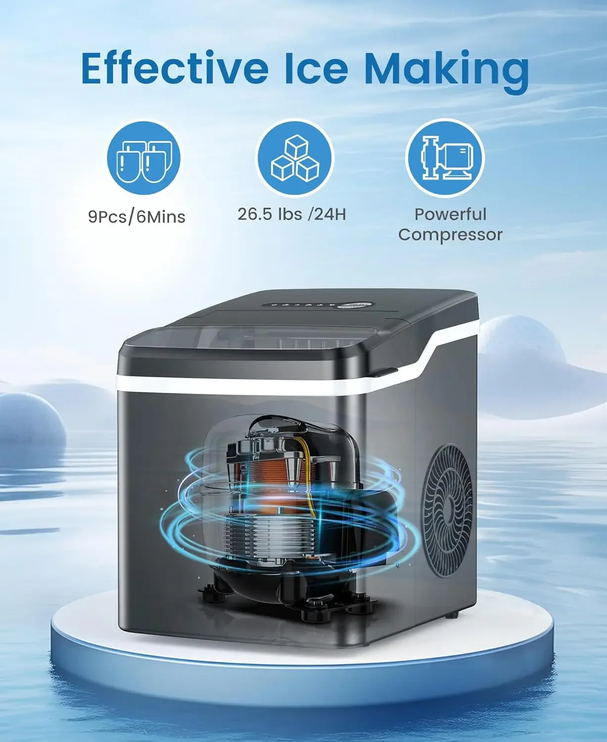 Countertop Ice Makers with Self-Cleaning Function, Producing 26.5lbs of Ice in 24H, 6 Mins for 9 Ice Cubes, Includes Basket and