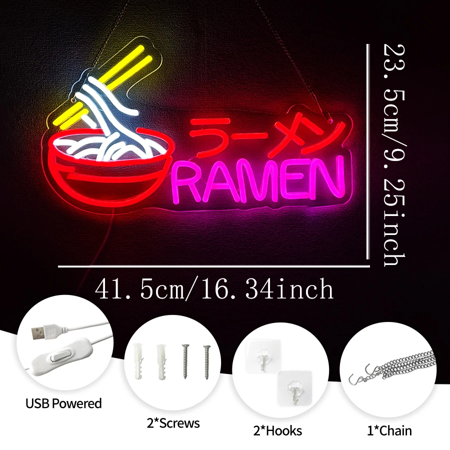 Ramen Neon Sign Japanese Noodles LED Neon Light for Wall Decor USB Powered Food Shop Restaurant Kitchen Home Bar Christmas Decor