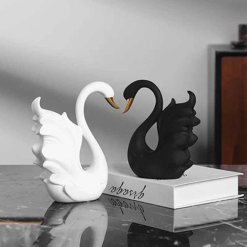 Imagem -04 - Vilead Par de Esculturas Cisne Resina em Preto e Branco Moderno Casal Estátua Objetos de Decoração Mesa Central Presente de Casamento