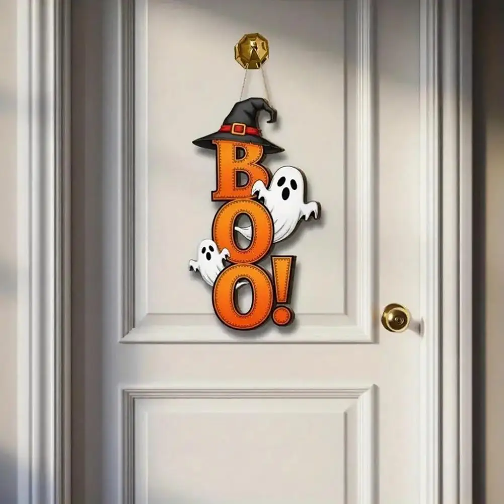 Festive Door Hanging Sign Halloween Boo Ghost Door Hanger Sign Wooden Front Porch Plaque Cute Witch Hat Wall Decor for Indoor