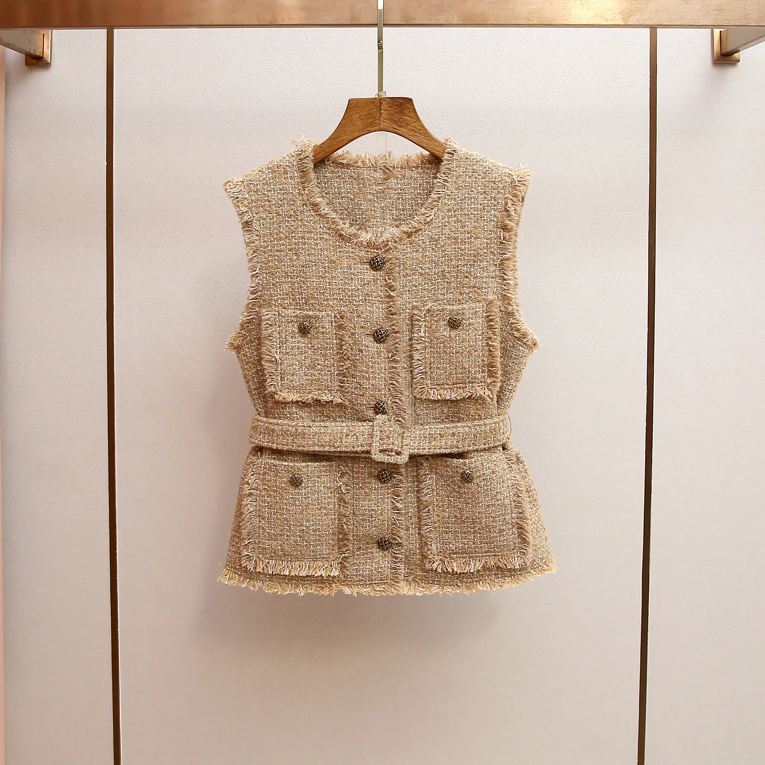 

MaSande High-End Women's Autumn Winter New Sle Woolen Vest Tailored Fit Houtooth Trimmed Waist Cinched Chic Sle