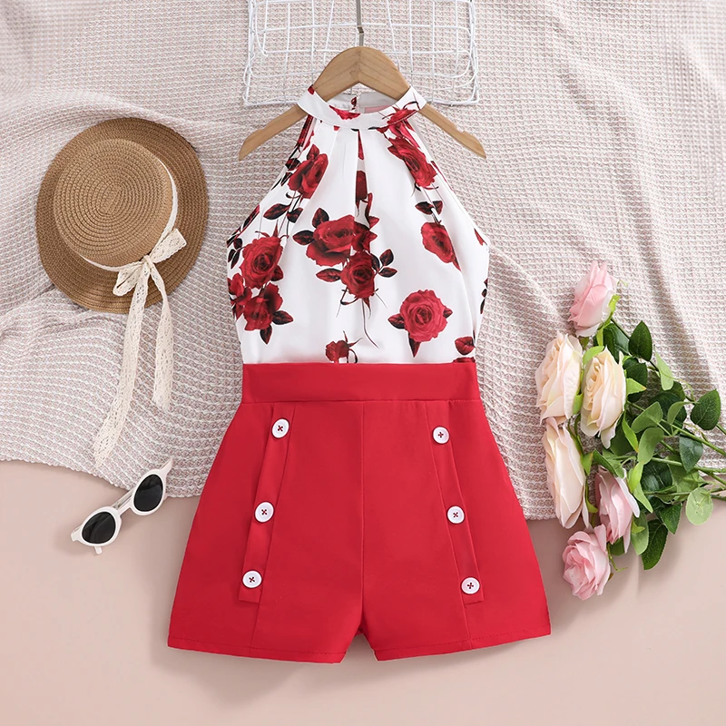 Kids Clothes Sets For Girls Summer 4-12 Years Hanging Neck Sleeveless Top And Solid Color Button Decorated Vacation Daily Casual