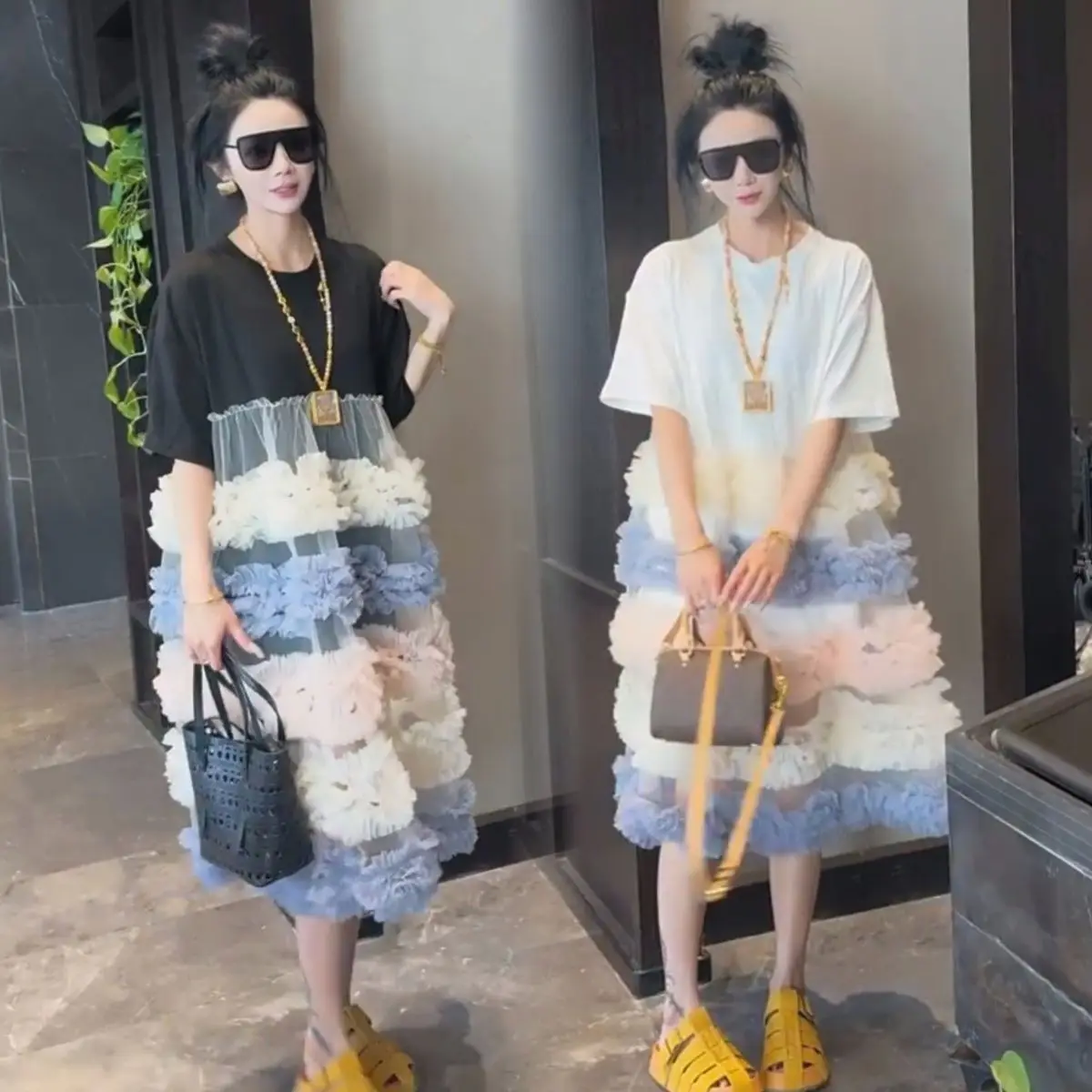 여성용 스윗 메쉬 스플라이스 러플 티셔츠 드레스 롱 배색 거즈 플리츠 로터스 케이크 티 드레스 반팔 O넥 탑