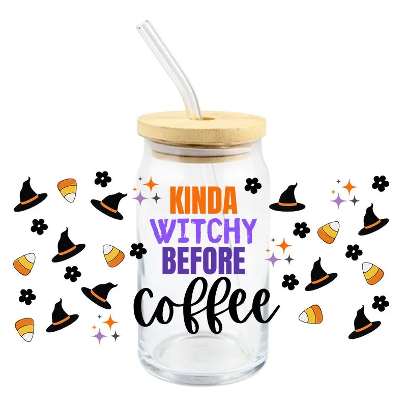 3D Halloween Witch Party UV DTF Wraps Transfer Sticker Custom Waterproof Logo For 16OZ Libbey Glass Can Tumbler DIY