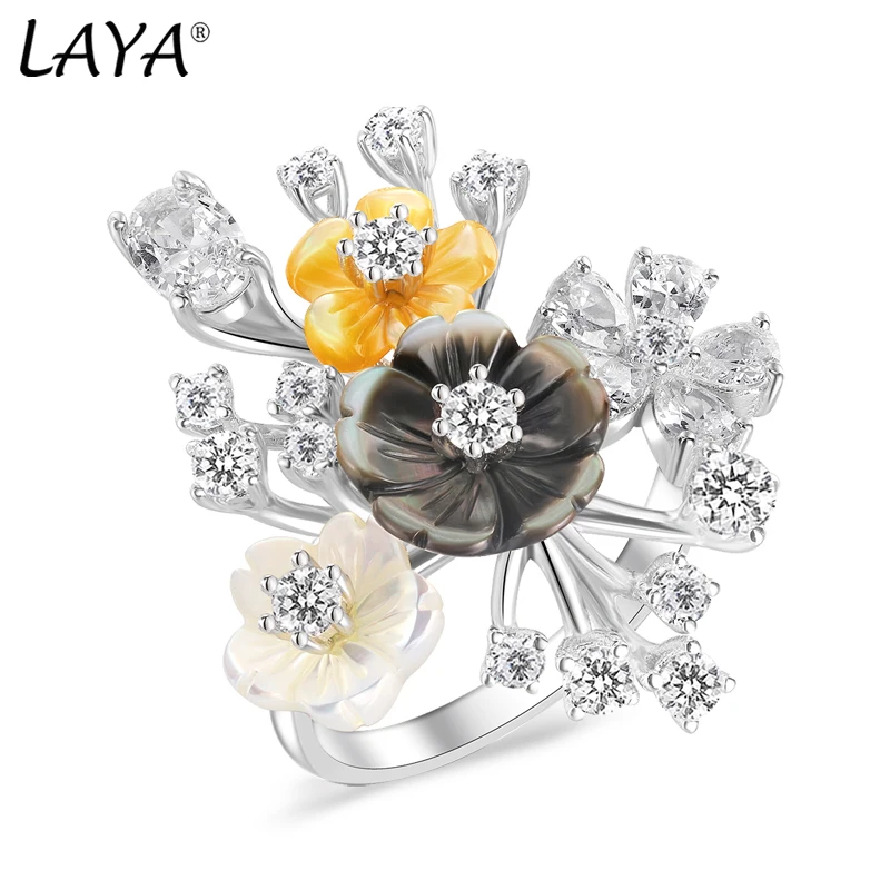 

Laya Silver Ring For Women Pure 925 Sterling Silver Delicate White Black Yellow Flowers Fine Jewelry Handmade Enamel