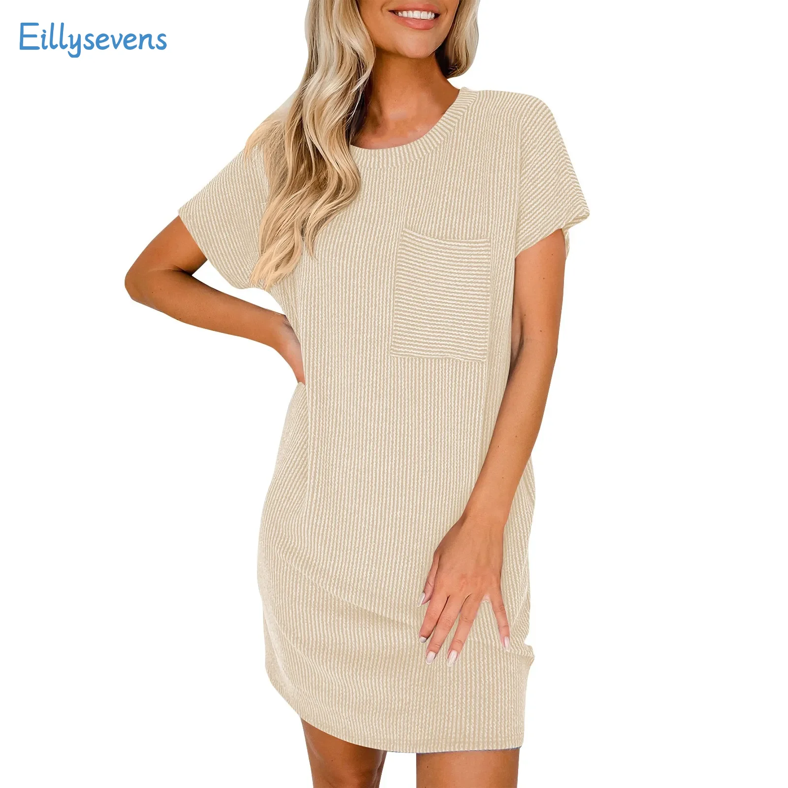 Women'S Wave Striped Dresses Summer Casual Round Neck Short Sleeve Dresses With Chest Pockets Loose Simple Solid Dresses