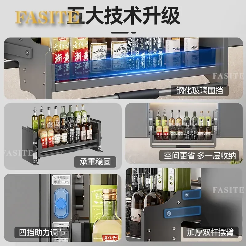 For Kitchen Cabinet Hanging Pull Down Basket Aluminum Alloy Seasoning Storage Shelf Open Door Lift Damping Rack Space Saving