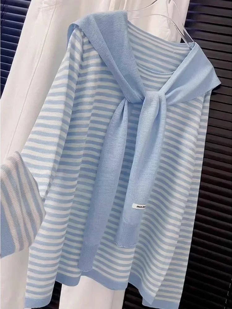 

Летний женский топ Dopne Blue Striped, новый, в корейском стиле, тонкий, вязаный, свободного кроя, для защиты от солнца