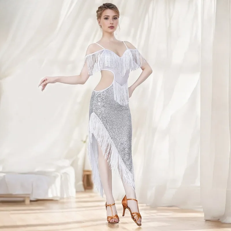 

SOutfit Competition Skirt Irregular Design equin Fringe Latin Dance Dress Belly Dance Costume Stage Performance
