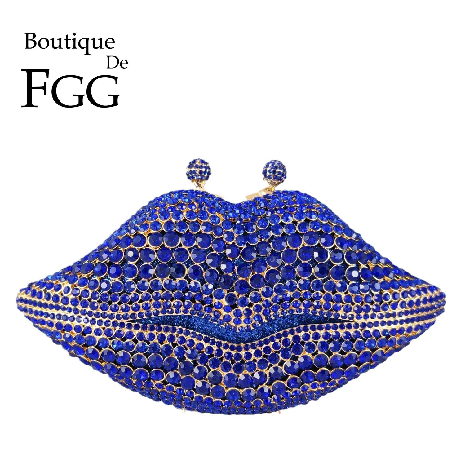 

Boutique De FGG Lip Shape Royal Blue Women Crystal Clutch Evening Bags Party Dinner Minaudere Purses and Handbags