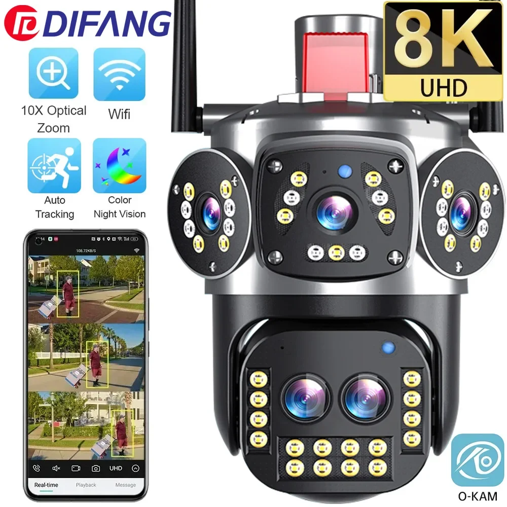 8K WIFI Camera UHD Outdoor 10X Optical Zoom Automatic Tracking PTZ Four Lens Three Screen 15MP Waterproof Security Camera CCTV