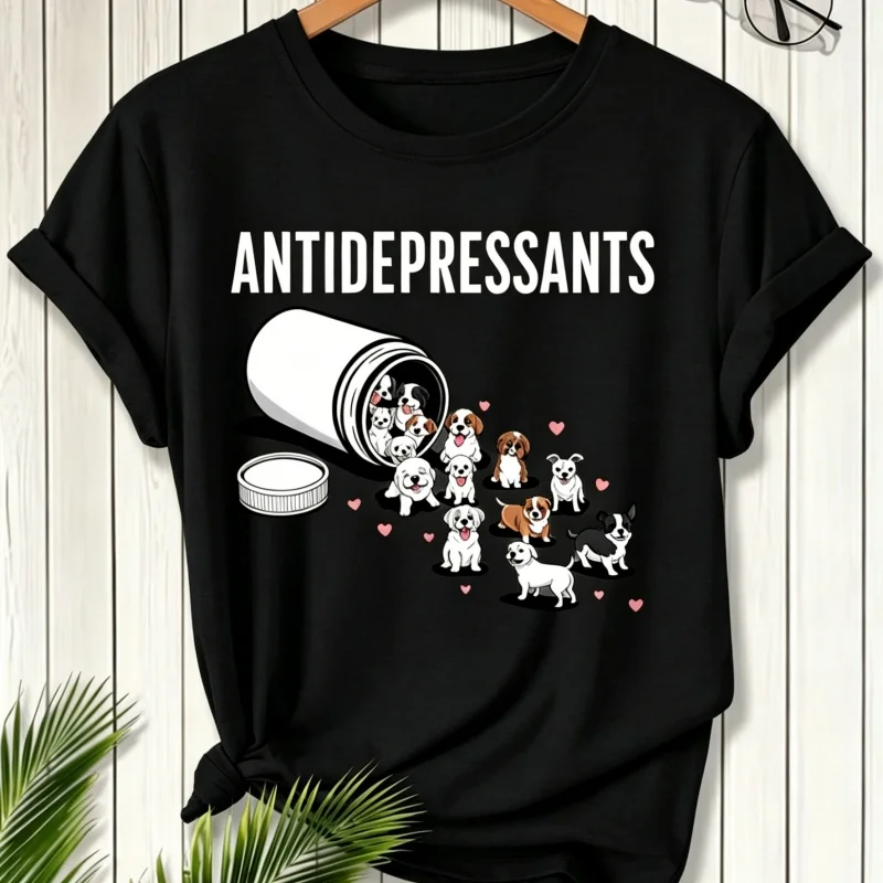 Lustiges Hunde-Antidepressiva-T-Shirt für Frauen, Niedliches Welpen-Pillenfläschchen-Grafik-T-Shirt, Haustierliebhaber-Mentalgesundheits-Aufmerksamkeits-Shirt