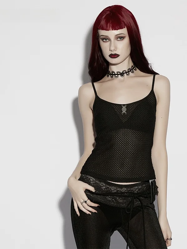 Gothic Style Mesh Strap Vest Women's Black Hollow Short Top Sexy Inner Wear High End Daily Versatile Trendy Nylon U-Neckline