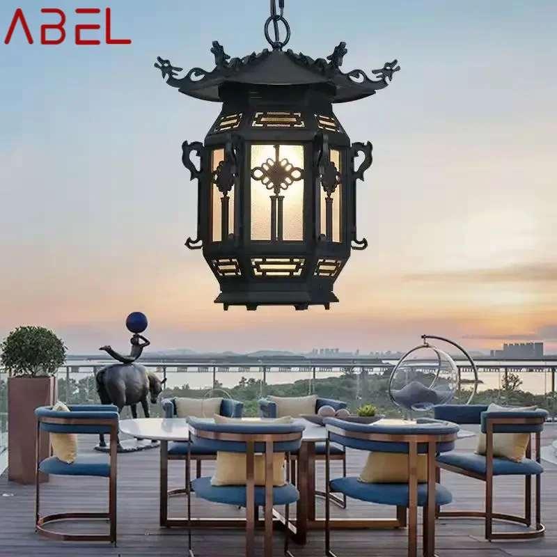 ABEL Chinese Lantern Pendant Lamps Outdoor Waterproof LED Black Retro Chandelier for Home Hotel Corridor Decor Electricity