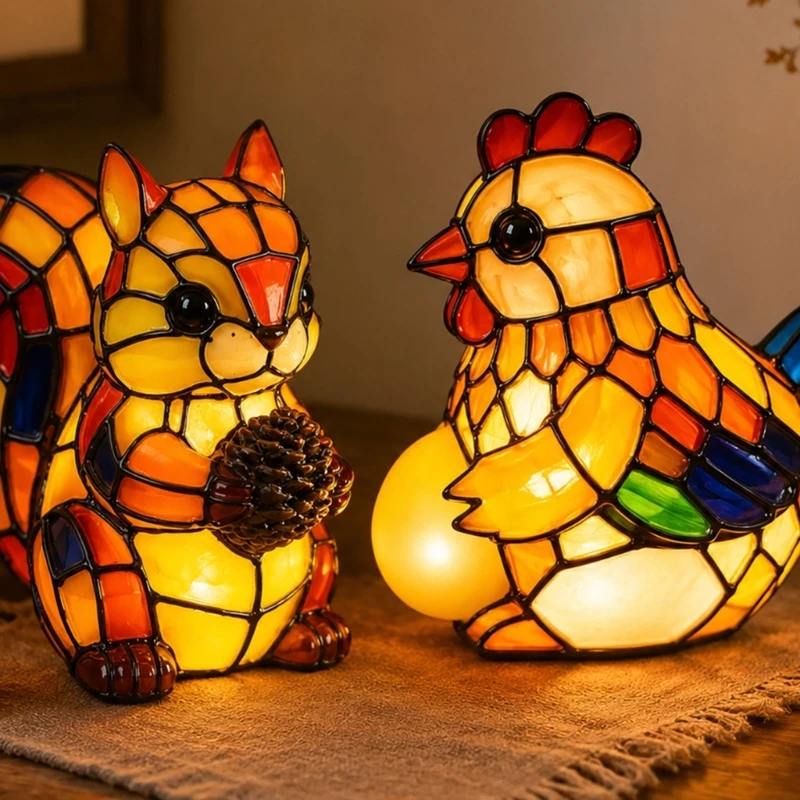 Animal LED Night Light Figurine with Color-Panel Finish, Resin Tabletop Accent Lamp for Bedroom and Desk Decor M4YD