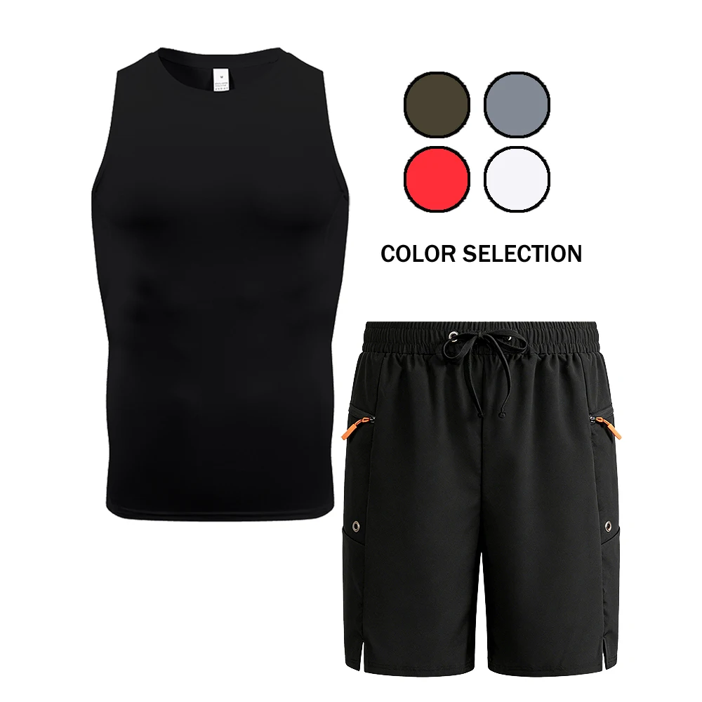 

Мужской однотонный костюм без рукавов, майка и шорты, комплект с карманами на молнии, эластичный пояс и шнурок для бега на открытом воздухе и повседневный стиль
