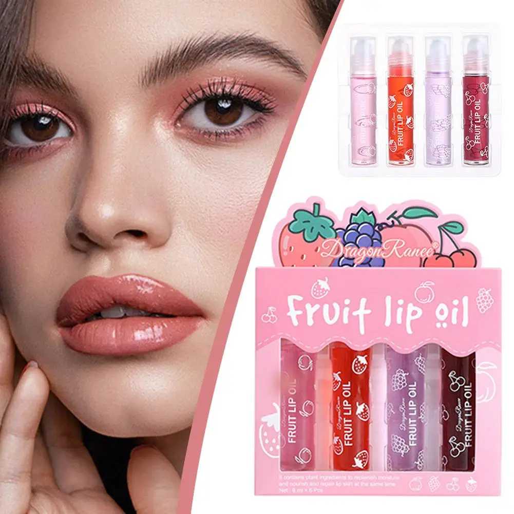 Rodillo de aceite labial para maquillaje, líquido hidratante de frutas, brillo de labios, 4 unids/lote por caja