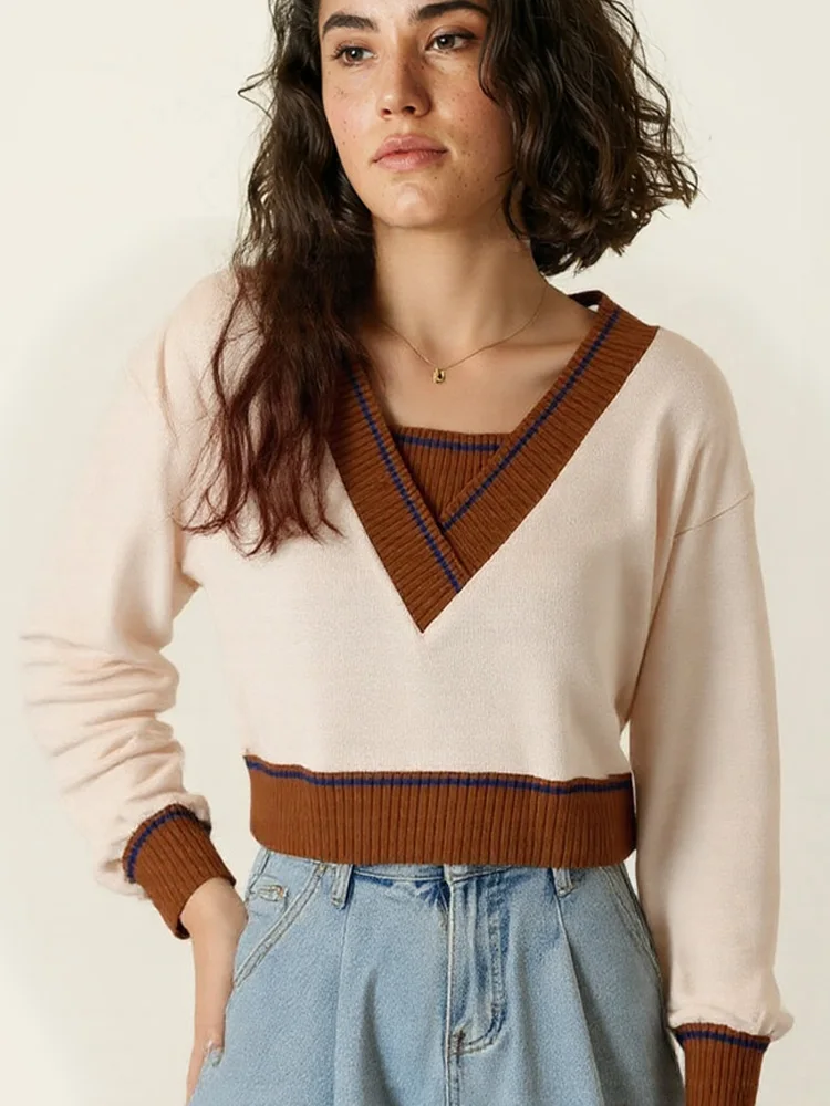 

New Fashion V Neck Pullovers Knitted Sweater Women Autumn Winter Long Sleeve Short Women's Sweaters Elegant Winter Clothes