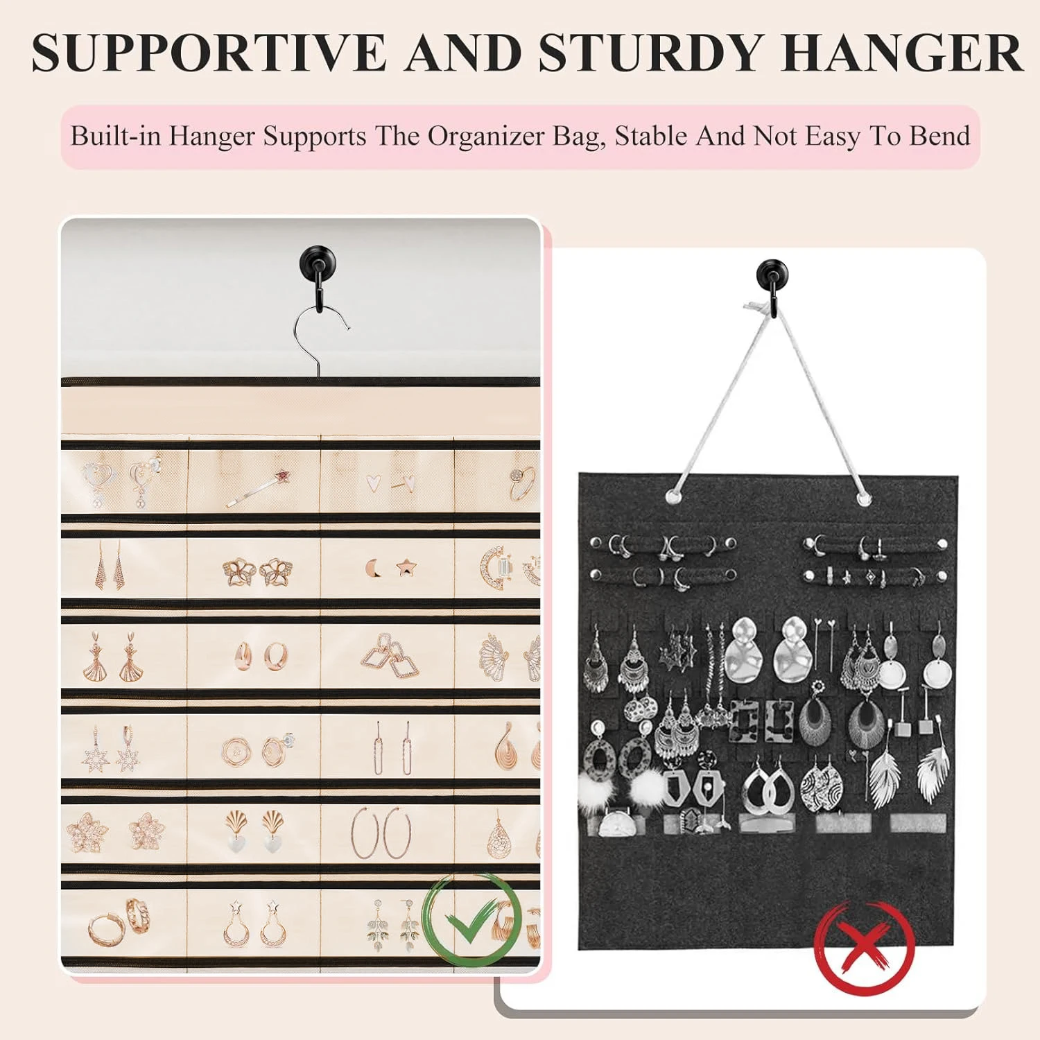 

Hanging Jewelry Organizer for Closet Double-Sided Dustproof Closet Jewelry Organizer for Earrings Necklaces Rings Metal Hooks