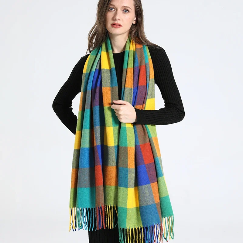 2023 New Women Simulated Cashmere Checker Scarf Warm in Winter Long Thick Cashmere Touch Tassel Fashion Color Checker Scarf