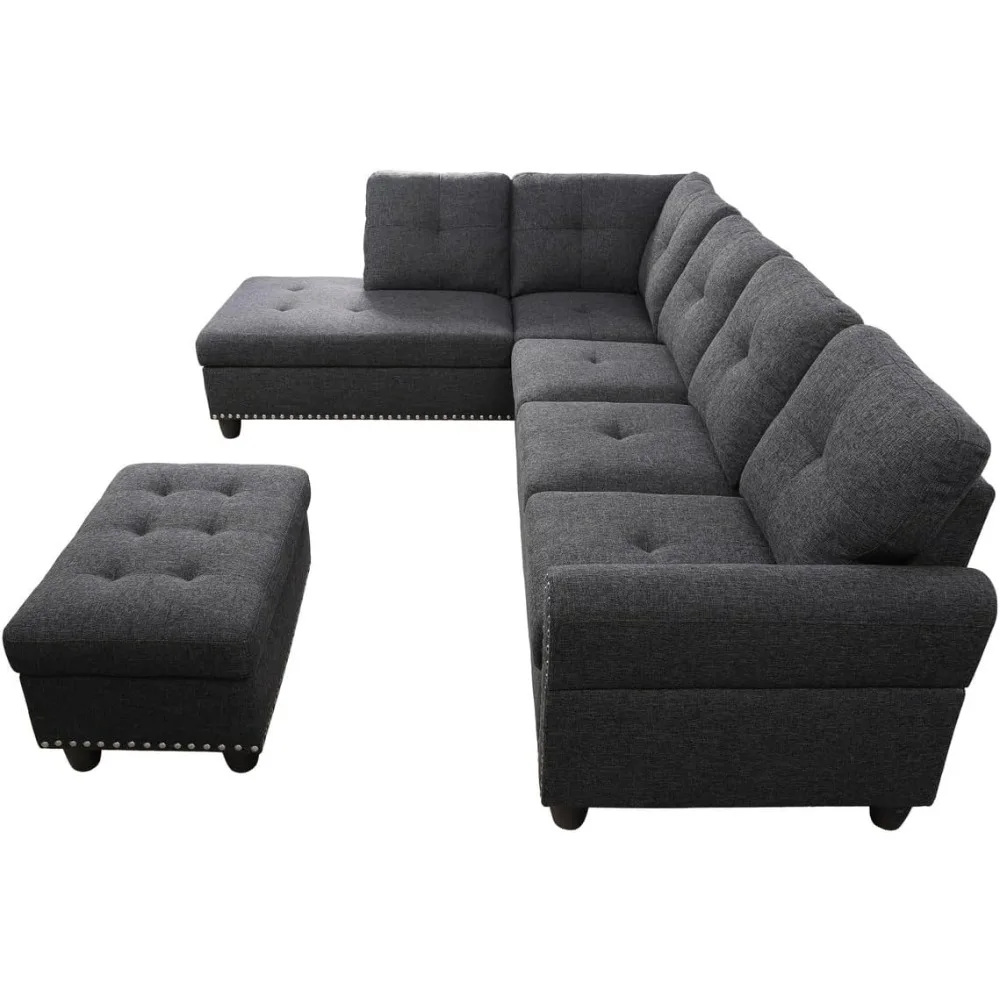 Convertible Sectional Sofa with Storage Ottoman, 2 Cup Holders, 2 Throw Pillows, Sectional Sofa Couch with Storage Ottoman