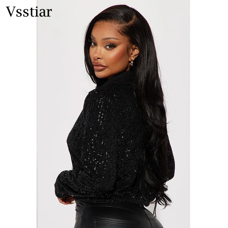 Vsstiar 2023 Fashion Sequins Women Shirts Turn-down Collar Long Sleeve Elegant Tops Winter Party Clubwear Glitter Blouse Female