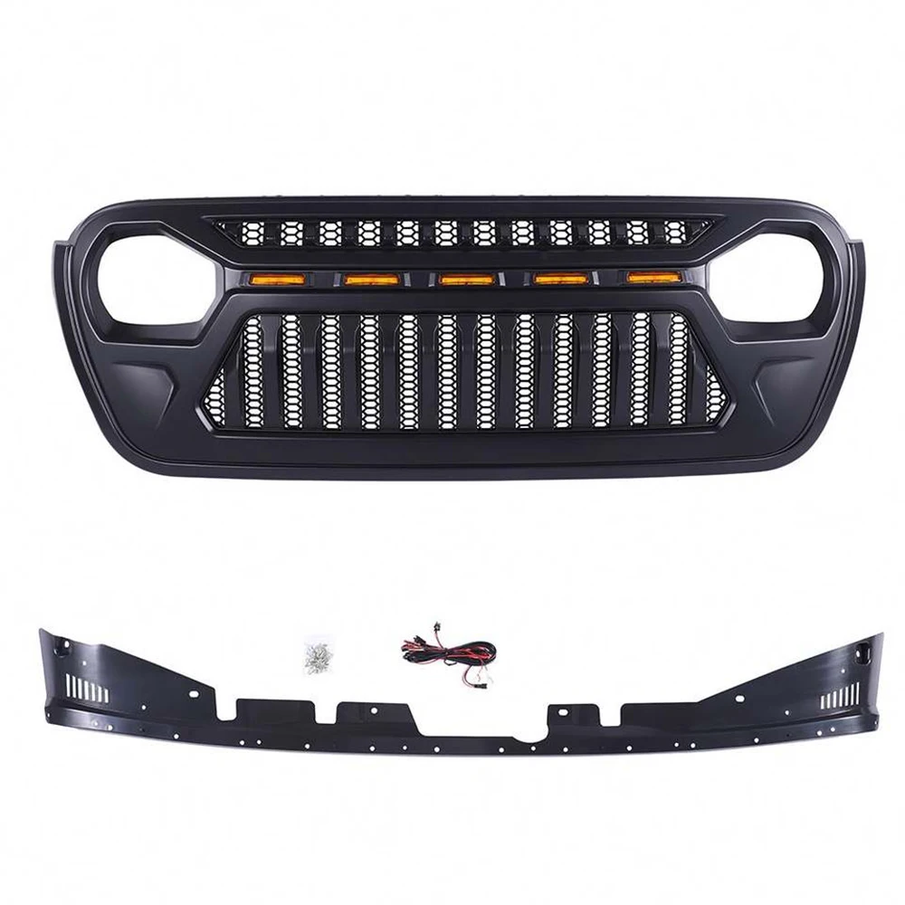 Front Grille With 5 LED Lights For Jeep Wrangler JL 2018-2023 Car Bumper   Grill Cover Replacement Grills Upper Grid Mask