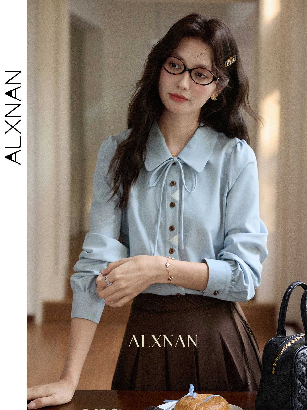 

ALXNAN Women's Shirt Blue Lapel Tie Design Back Flower Embroidery Blouses 2025 Autumn Casual Office Lady Long Sleeve Tops L56908