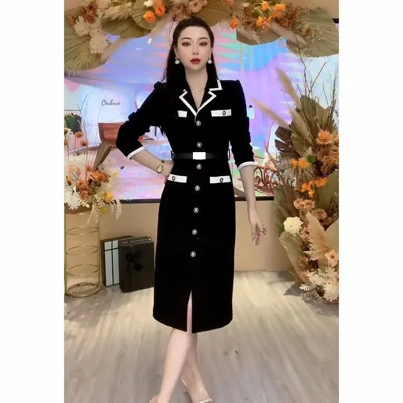 Women Fashionable New Button Decoration Small Fragrant Autumn Long Sleeve Dress Light Luxury High Waist Thin Mid length Dress