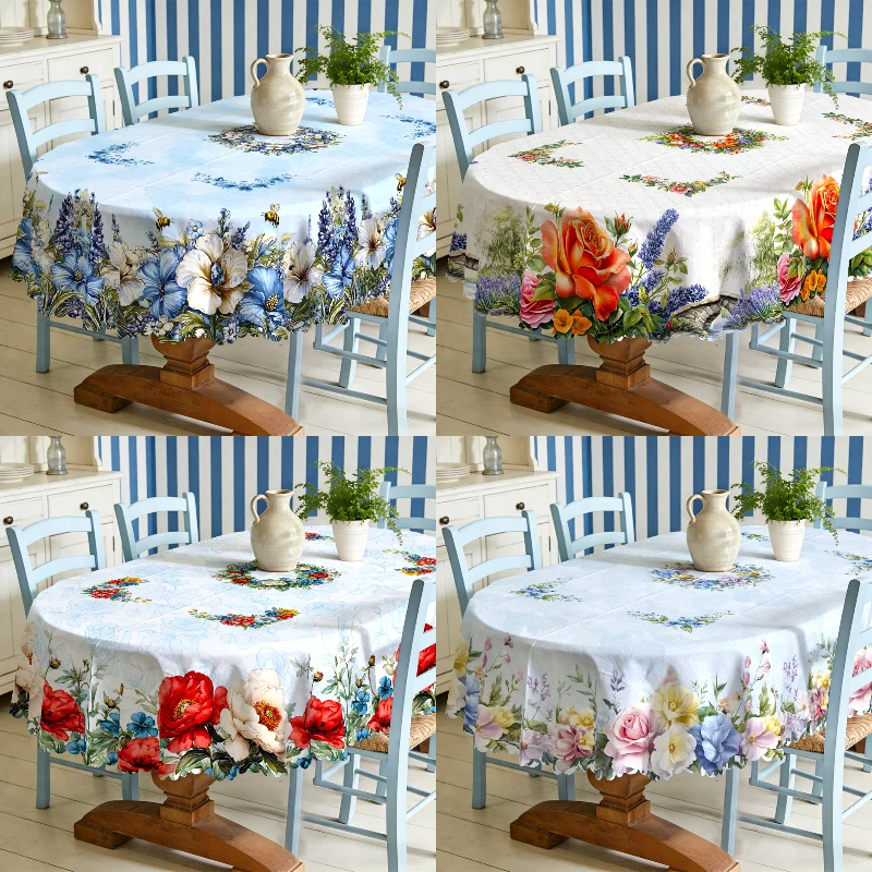 Floral Tablecloth Vintage Oval White Blue, Dining Table Decor Kitchen Table Garden Party Indoor Decor
