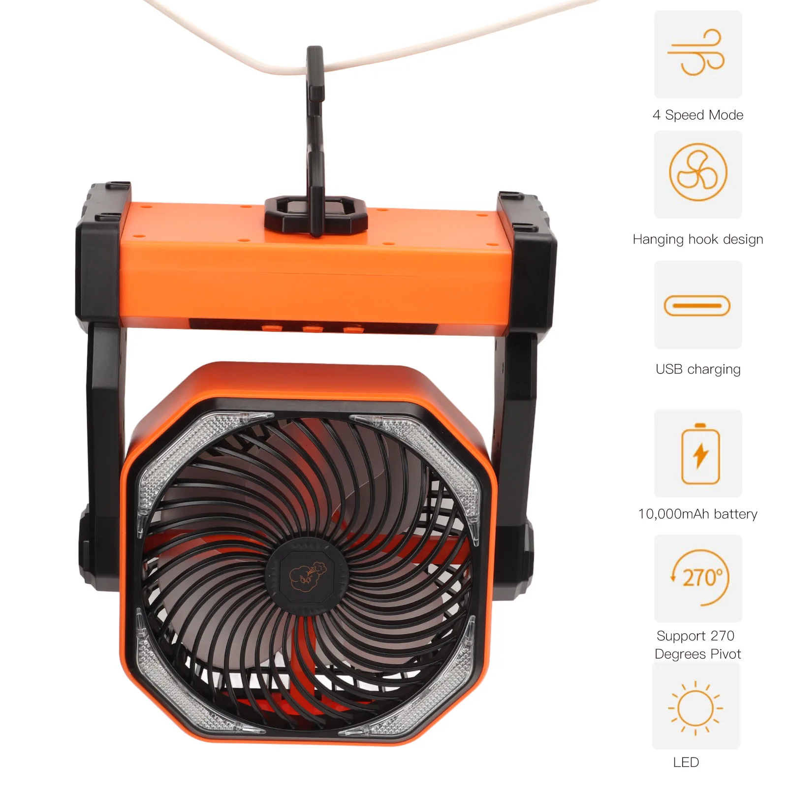 Outdoor Camping Fan 20000mAh Battery 4 Levels 5V 3A 270 Degree Pivot Large Air Volume Camping Fan with Light Hook for Fishing