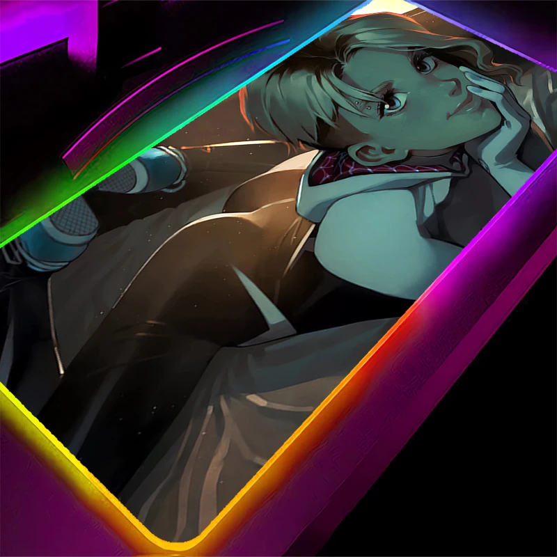 Anime Gaming Speed Mauspad LED Spider-Woman Gwen Gamer XXL Laptop Mauspad Hintergrundbeleuchtung Tastatur Mousepad RGB Computer Schreibtisch Matte