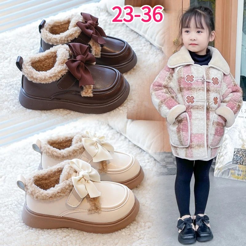 Warm Plush Girls Shoes Bowknot Kids Winter Boots Toddler Soft Sole Leather Sneakers Child Princess Footwear Kids Ankle Boots