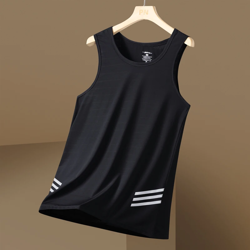 Men's Plus Size Casual Breathable Mesh Vest Sports Fitness Quick Drying Sleeveless Round Neck Striped Embosser Fits Skin