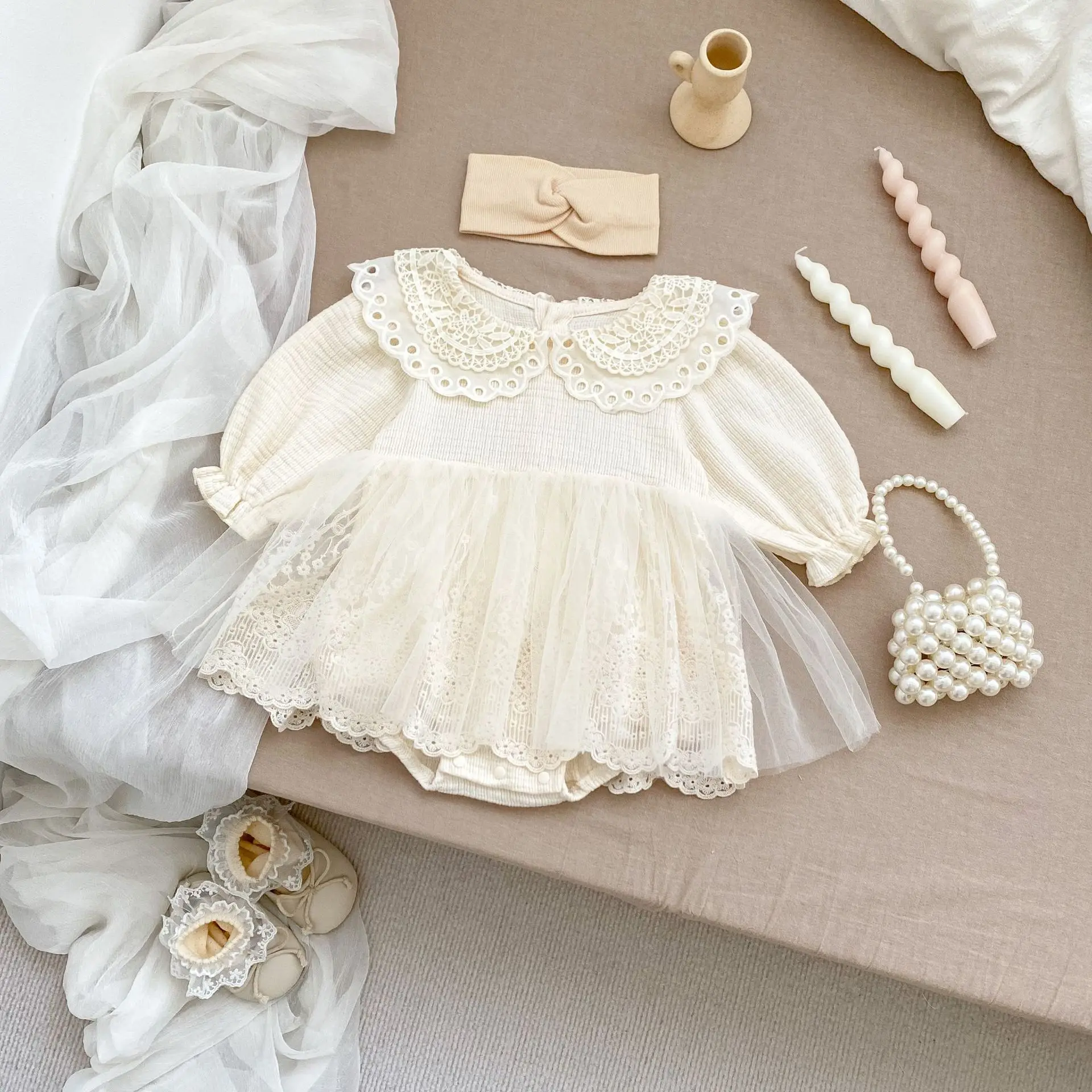 

MILANCEL 2024 Autumn Baby Girls Clothes 0-2 Y Sweet Lace Peter Pan Collar Bodysuit Infant Mesh Princess Dress One Piece