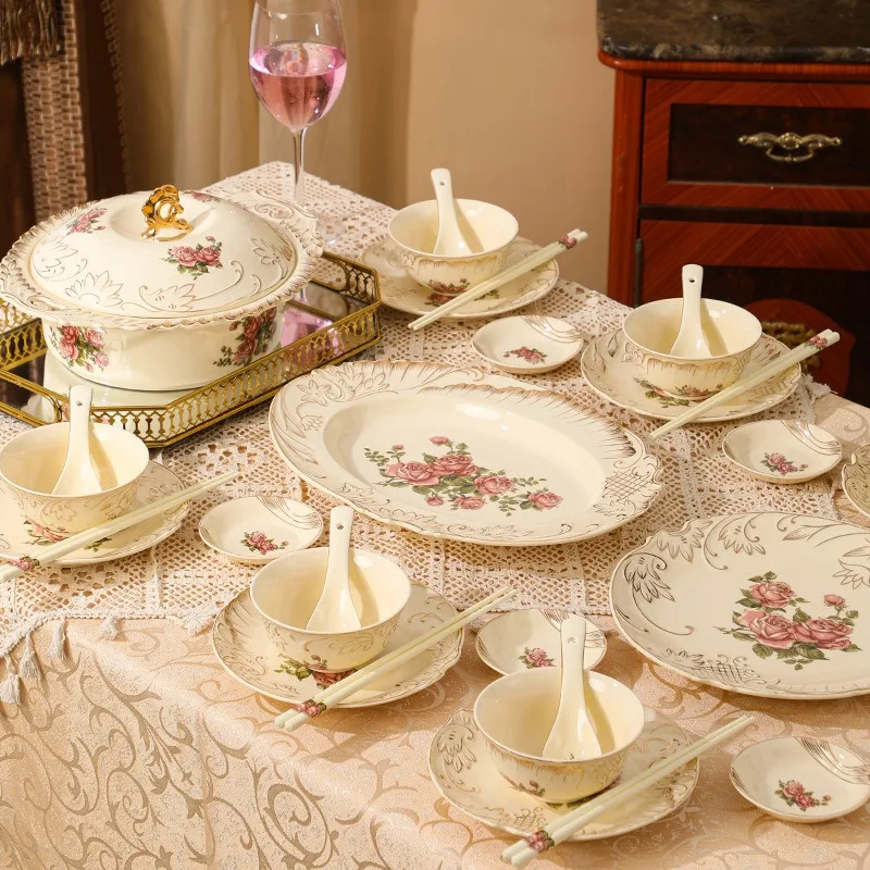 European Style Ceramic Tableware Gold-Edged Rose Ceramic Gilded Plate Vegetable Plate Housewarming Gift Tableware
